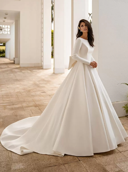 A-Line Vintage Wedding Dresses Jewel Neck Long Sleeves Natural Waist Satin With Train Bows Bridal Gowns