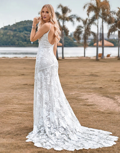 Mermaid Spaghetti Straps Lace Ivory Wedding Dress Sweep Train Dress