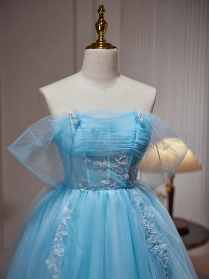 Light Blue Beaded Sweetheart Tulle Lace-up Party Dress Homecoming Dress