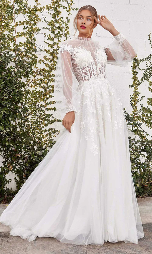 A-Line High Neck Shirred Bridal Gown Long Sleeves Wedding Dress With Appliques