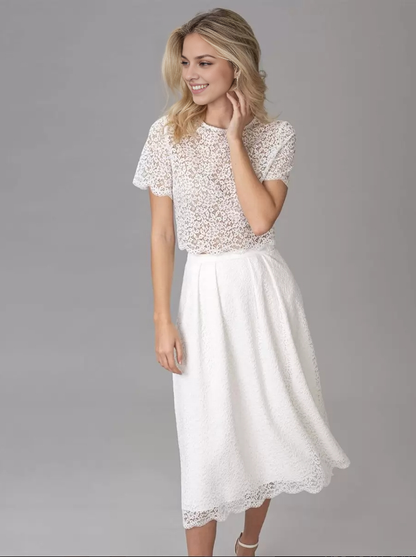 Two-piece Wedding Dress Lace Cut Out Jewel Neck Tea-Length Wedding Dress Short Sleeves Ivory