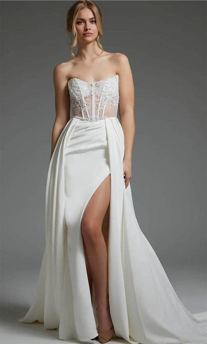 Strapless Corset Overskirt Bridal Gown Wedding Dress With Slit