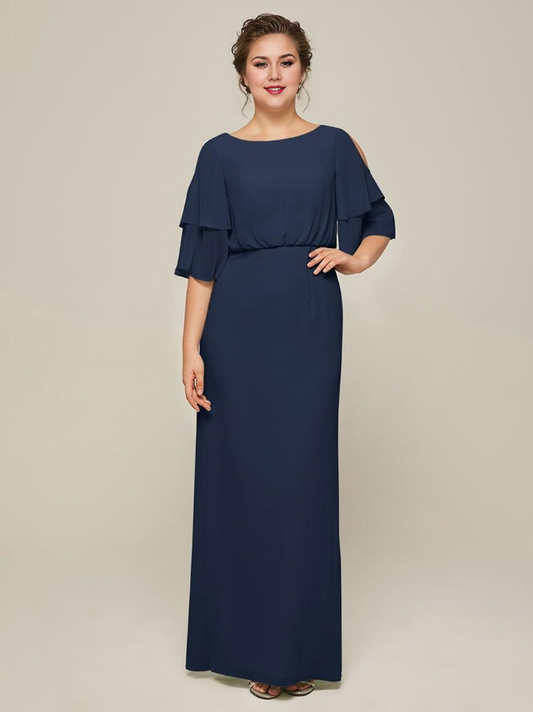 Jewel Neck Short Sleeves A-Line Split Front Wedding Guest Dresses Chiffon Mother of the Bride Dresse