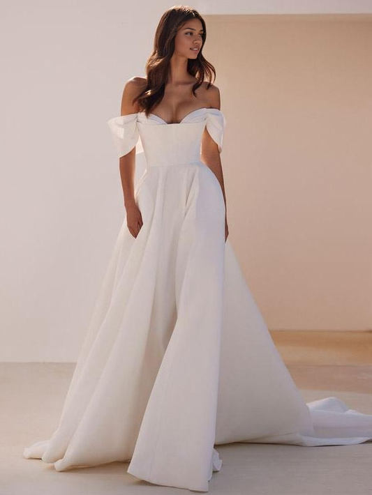 A-Line Wedding Dress Court Train Off-The-Shoulder Sleeveless Satin Bridal Gowns