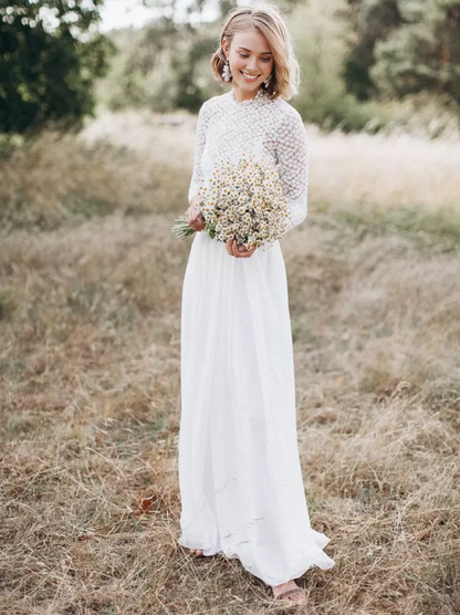 Two-piece Wedding Dress Lace Jewel Neck A-Line Sweep Backless Long Sleeves Ivory Bride Gown