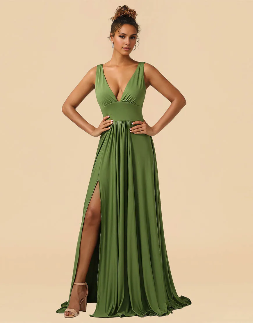 Olive A-Line Deep V-neck Floor Length Bridesmaid Dress Wedding Guest Party Dresses with Split