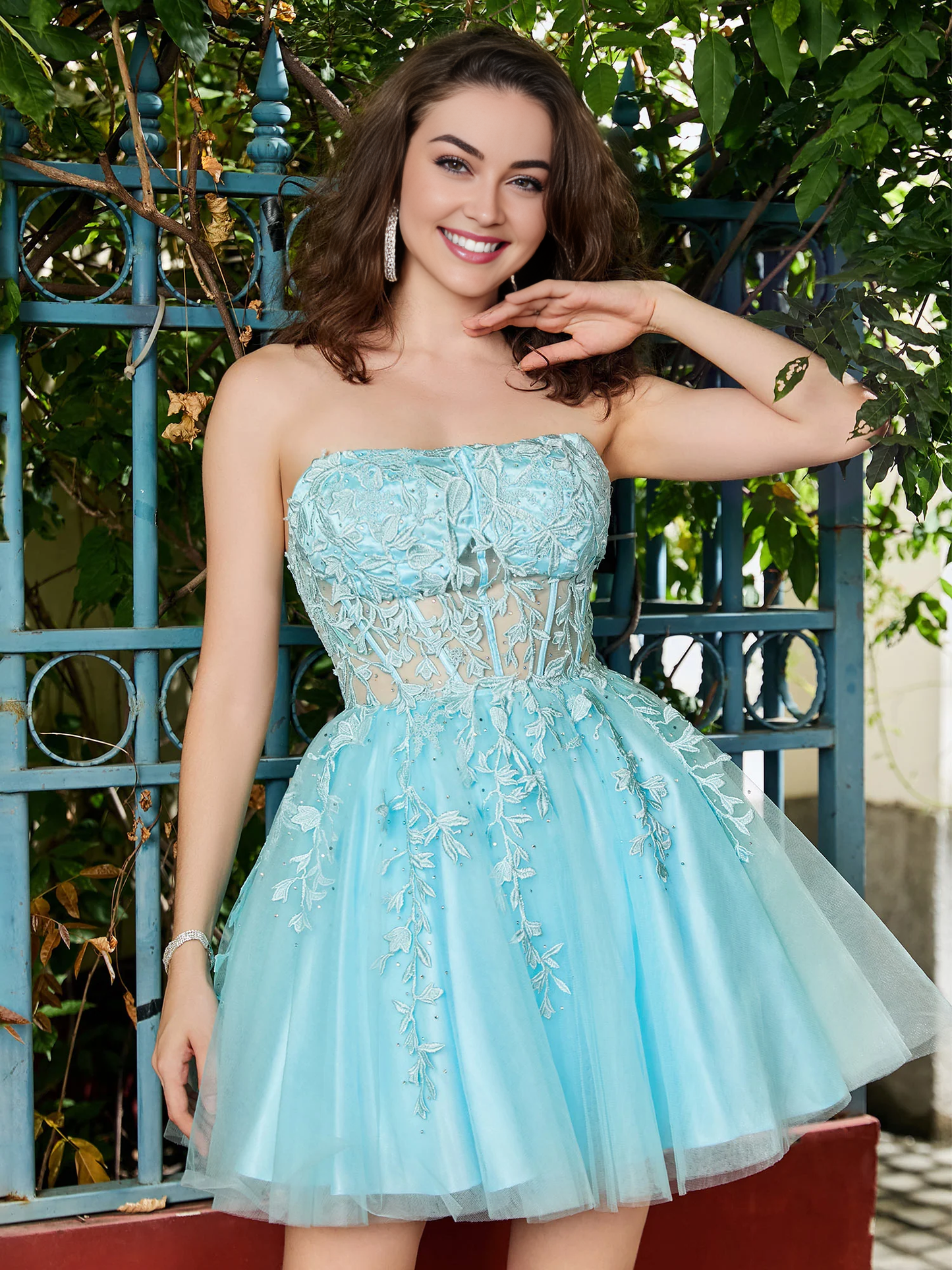 Cute A-Line Strapless Transparent Lace Tulle Spa Homecoming Dress