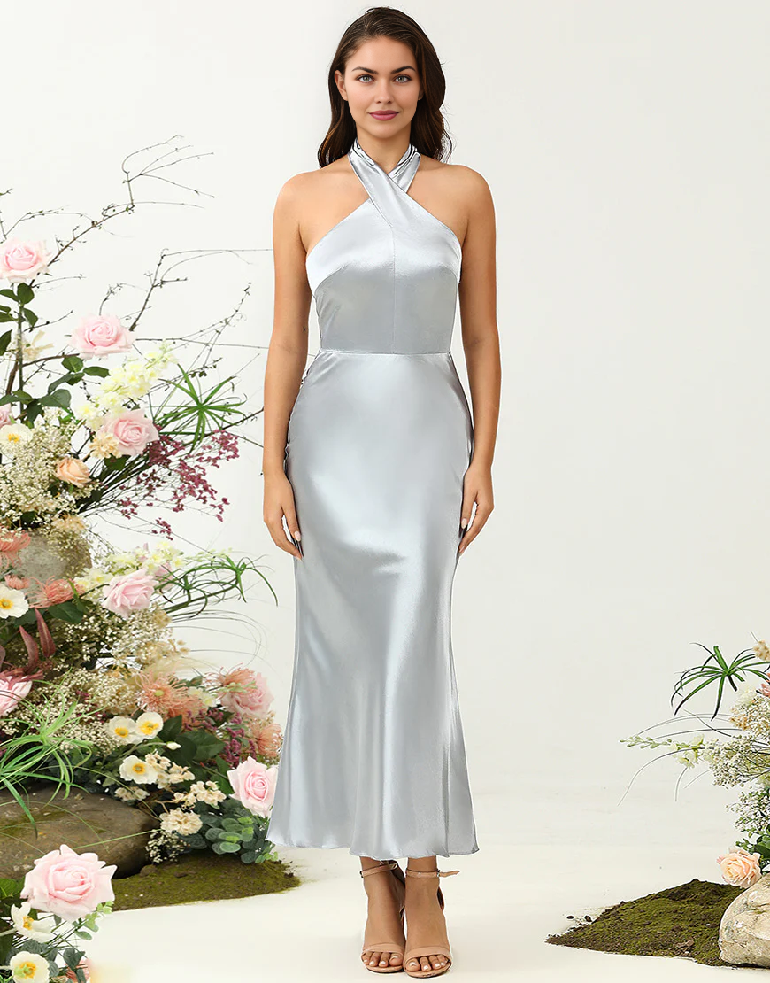 Sheath Halter Neck Silver Satin Long Bridesmaid Dress