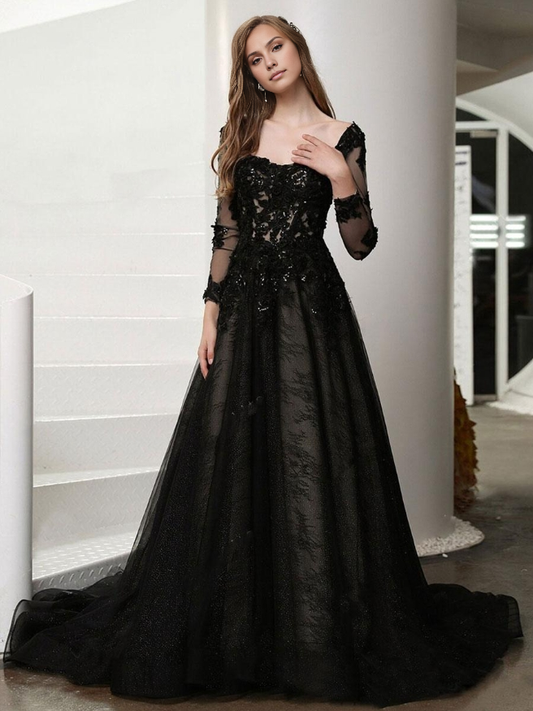 Gothic Wedding Dresses Lace A-Line Sleeveless Natural Waist Lace Court Train Bridal Gown