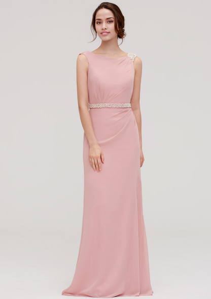 Sleeveless Long Chiffon Bridesmaid Dress With Waistband Beading