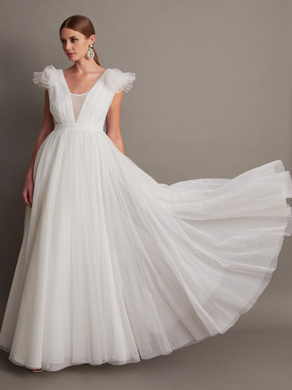 Simple Wedding Dress A-Line V-Neck Short Sleeves Pleated Bridal Gowns