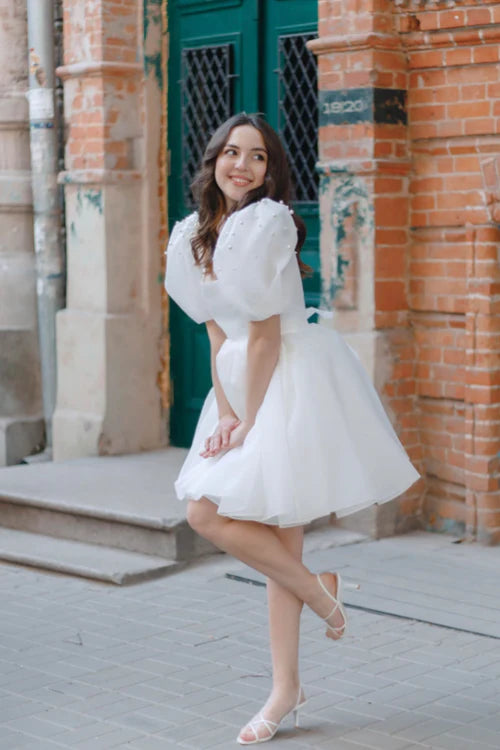 Cute A-Line Wedding Dress With Puffy Pearls Sleeves