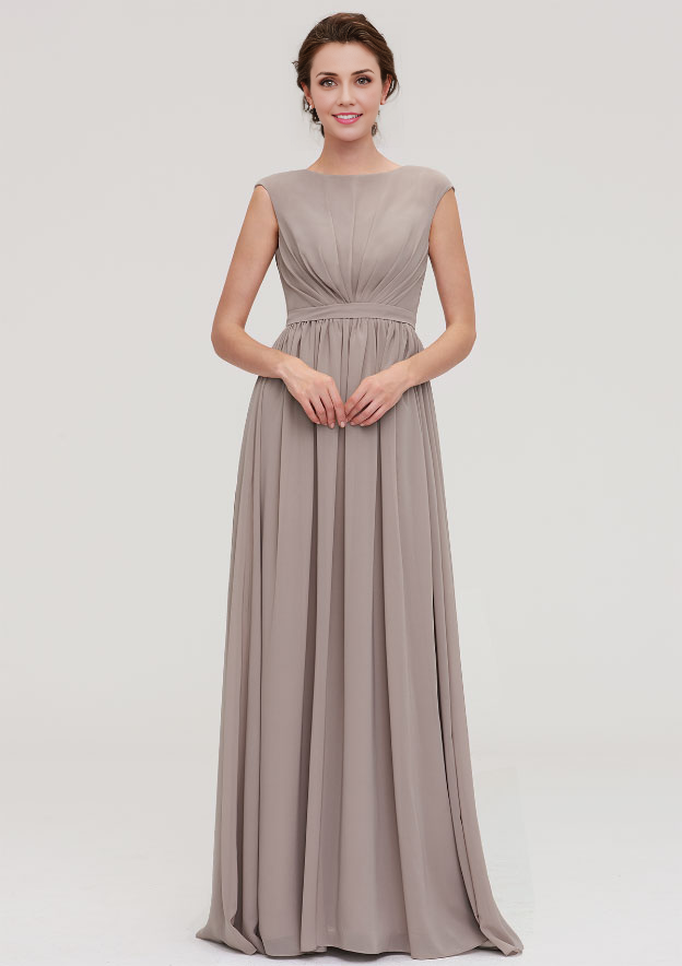 A-line Bateau Sleeveless Floor-Length Chiffon Bridesmaid Dress With Pleated