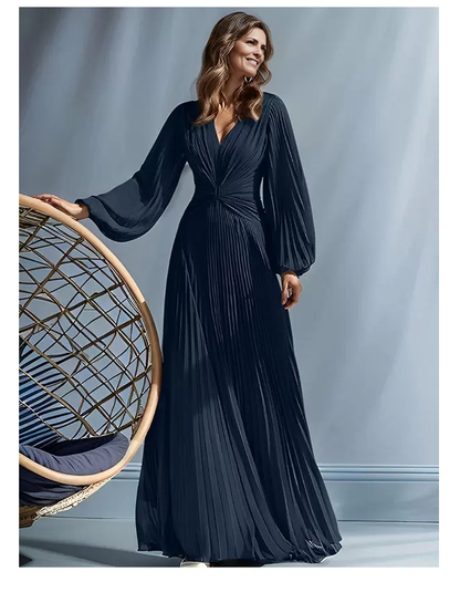 Mother of the Bride Dresse V-Neck Long Sleeves A-Line Pleated Floor-Length Guest Dresses For Wedding