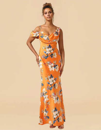 Orange Print Flower Asymmetrical Shoulder Straps Satin Sheath Bridesmaid Dress