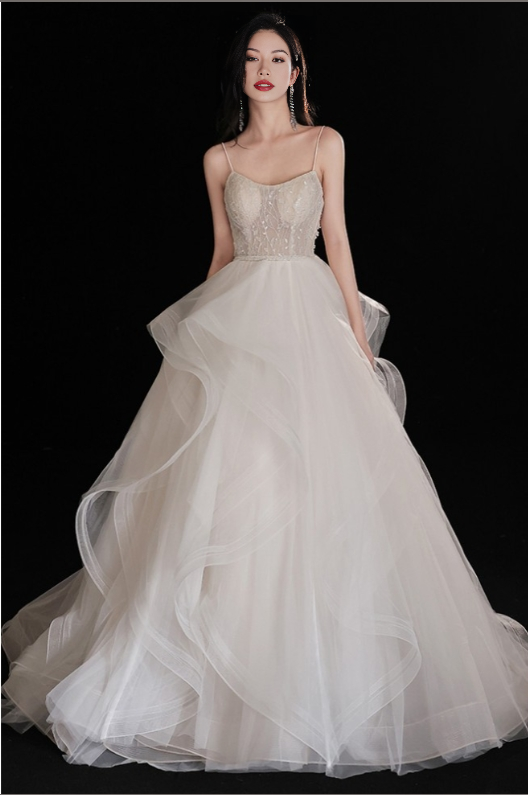 A-Line Gorgeous Ruffled Ballgown Wedding Dress with Spaghetti Straps