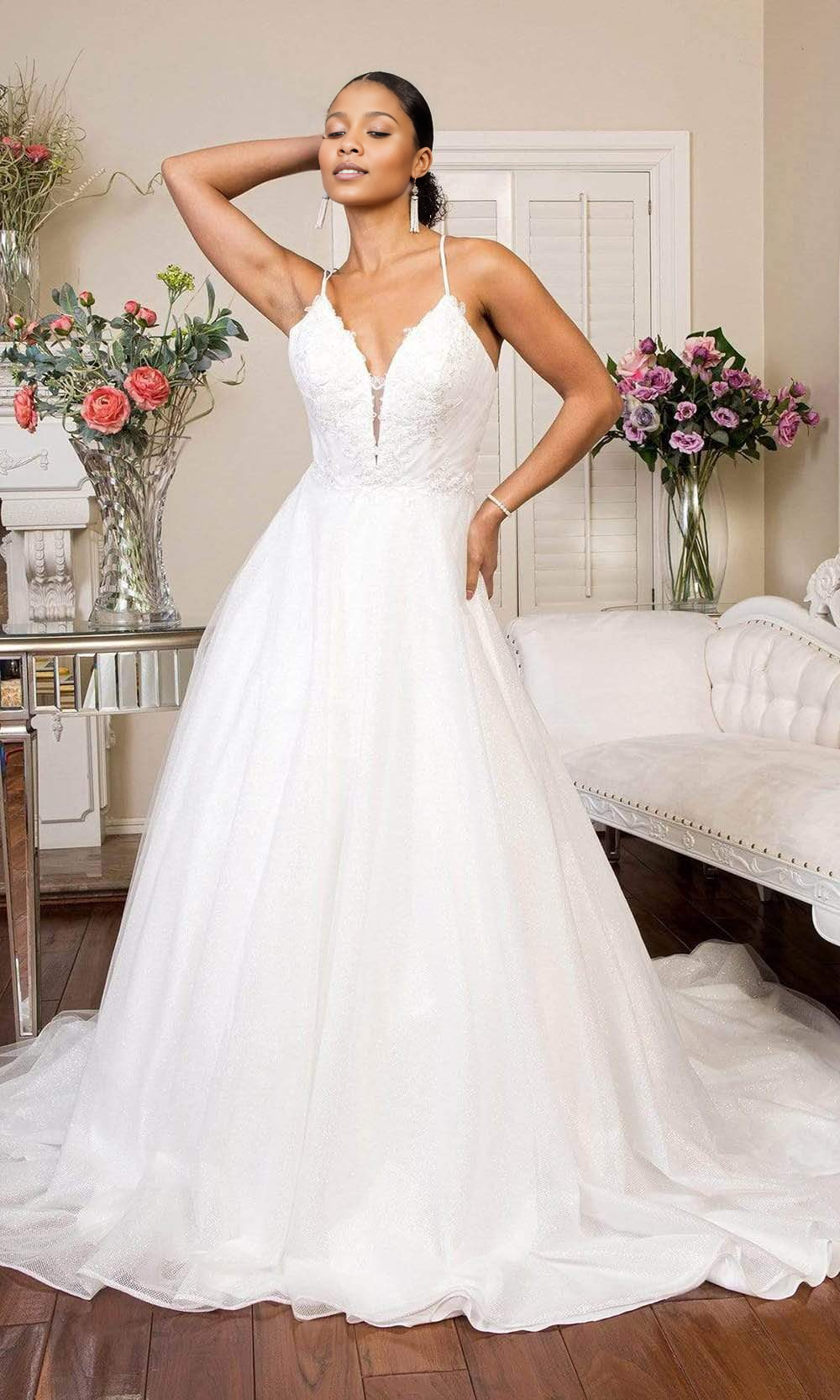 Embroidered Deep V Neck Mesh A-line Wedding Dress Gown Court Train Dresses