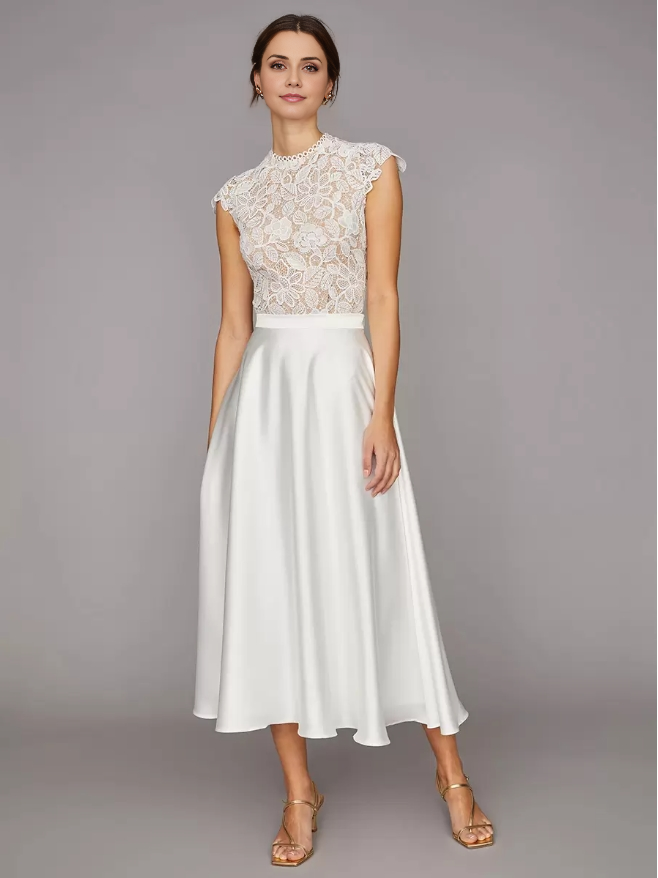 Short Wedding Dresses Tea-Length High Collar Short Sleeves A-Line Natural Waist Satin Short Bridal Dress