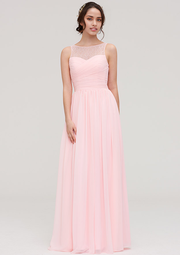 Pleated Sleeveless Long/Floor-Length Chiffon Bridesmaid Dress With Lace