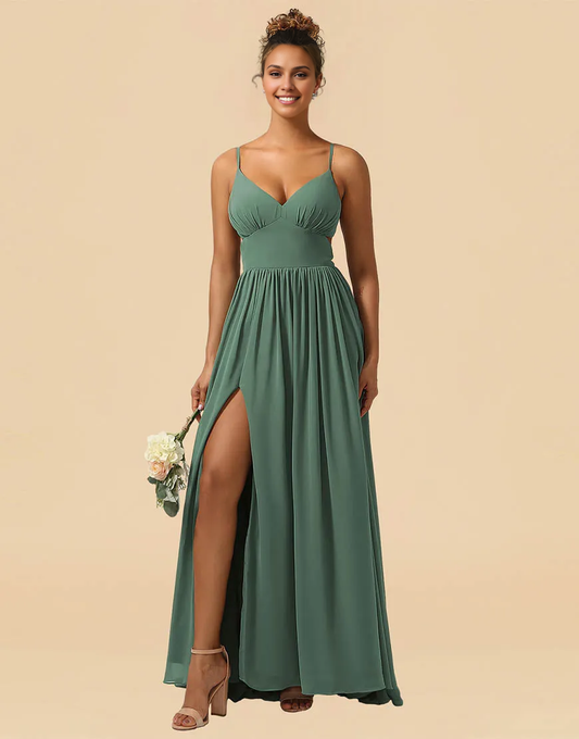 A-Line Spaghetti Straps Floor Length Chiffon Bridesmaid Dress Wedding Guest Party Dresses with Split