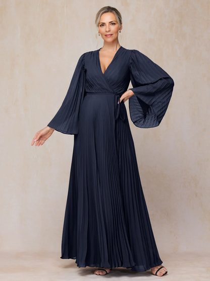 Long Sleeves V-Neck Floor Length Formal Chiffon Mother Of The Bride Dress