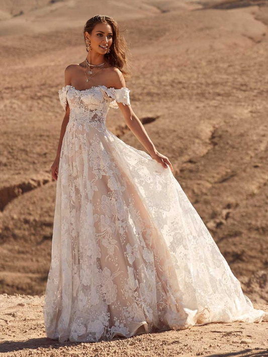 Boho Wedding Dress Lace A-Line Court Train Natural Waist Backless Sleeveless Sweetheart Neck Ivory Bride Gown