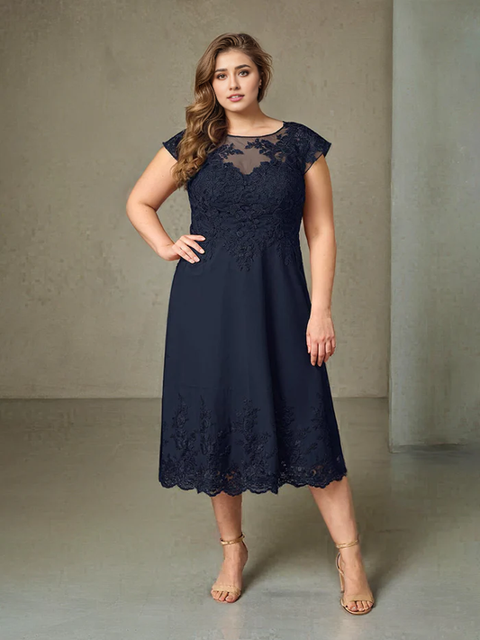 Plus Size Tea Length Chiffon Mother Of The Bride Dress With Lace Appliques