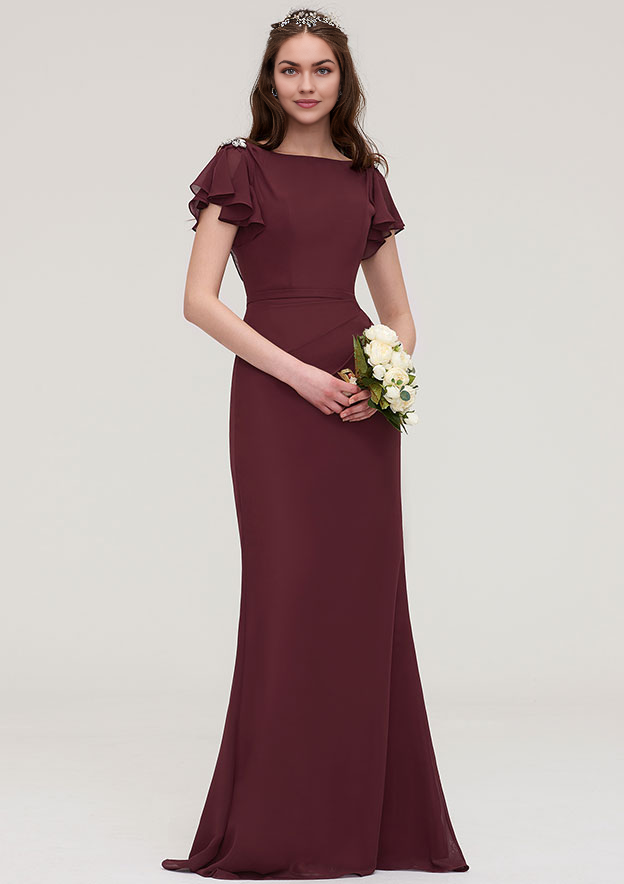 Chiffon Bridesmaid Dress Sheath/Column Bateau Short Sleeve Long/Floor-Length Wedding Guest Party Dresses