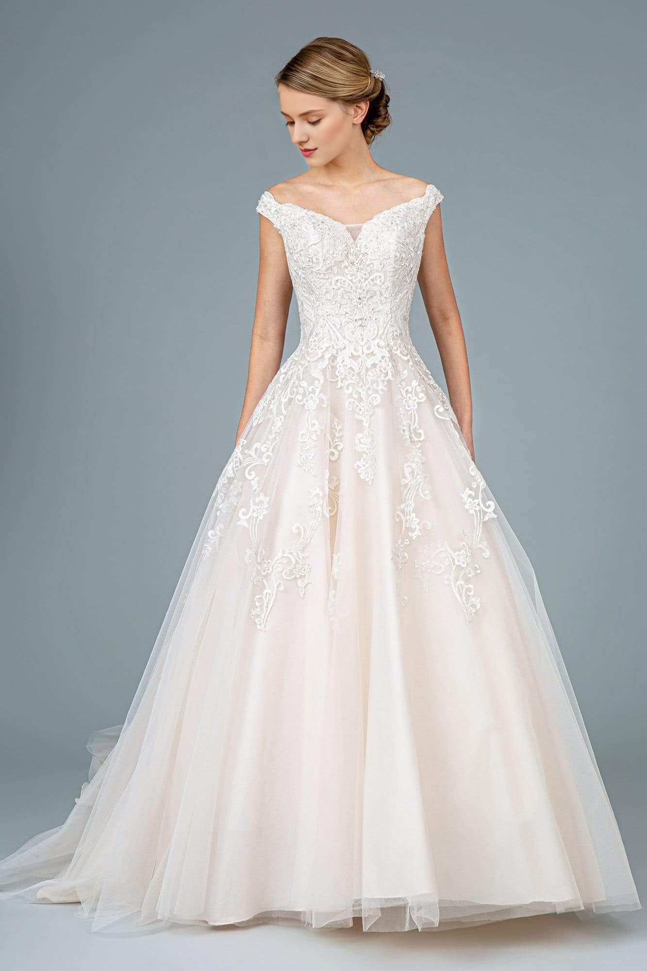 Embroidered Off-Shoulder A-line Wedding Dress With Appliques