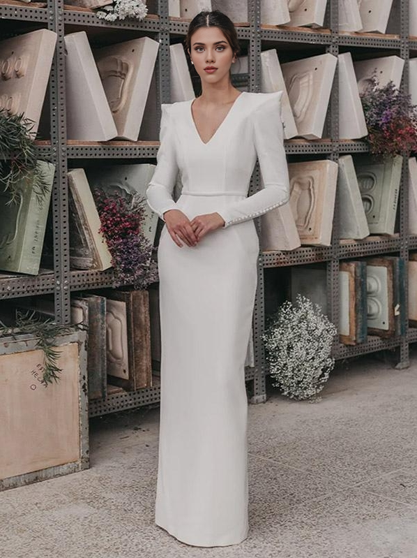 Sheath Vintage Wedding Dresses Floor-Length V-Neck Backless Long Sleeves Satin Bridal Gowns