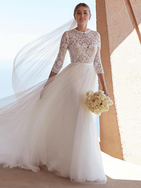 Simple Wedding Dress A-Line Jewel Neck 34 Length Sleeves Lace Tulle Bridal Gowns