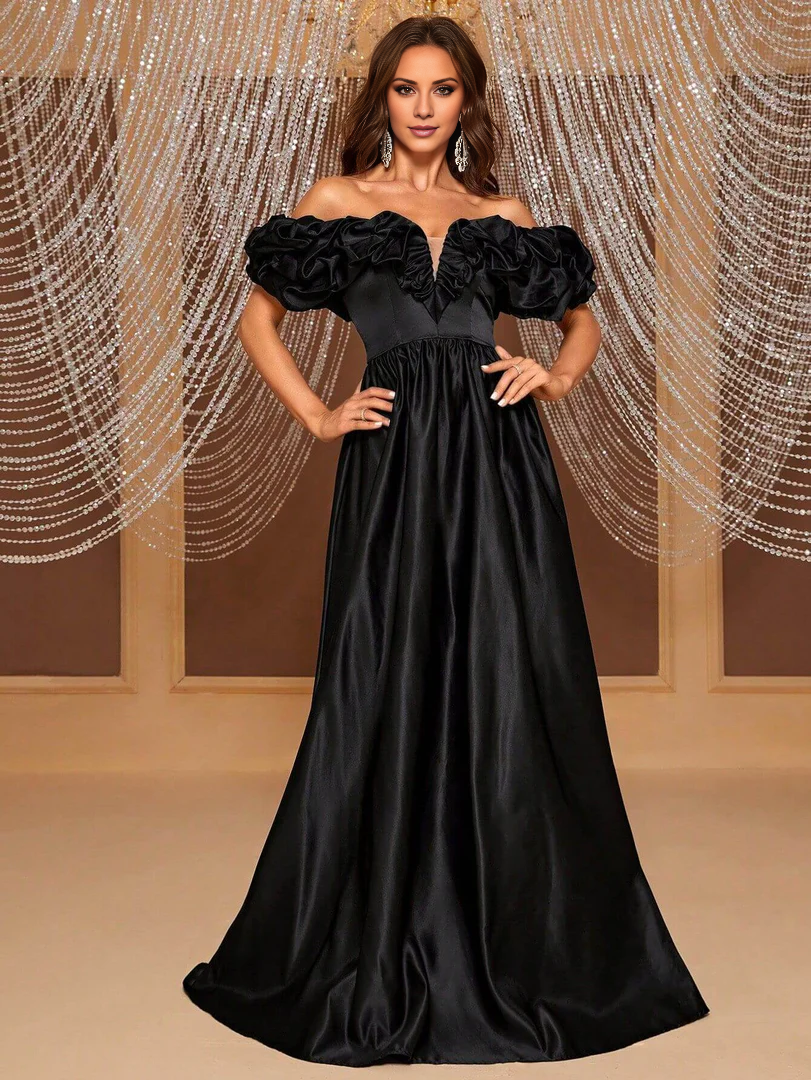 Off the Shoulder Black Floor-length Prom Dress A-Line Satin Ballgown