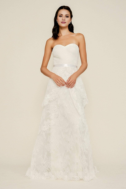 Ivory Floor-length Strapless Wedding Dress Lace Tiered Gown