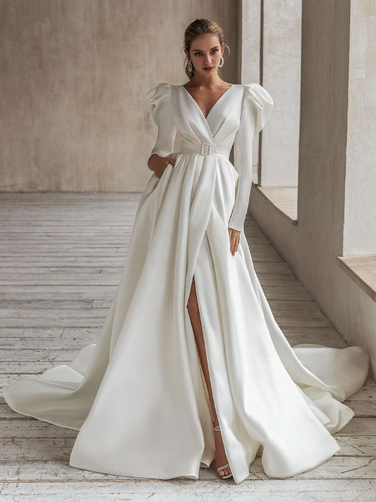 Vintage Wedding Dress Long Sleeves V-Neck A-Line With Train Bridal Gowns With Slit