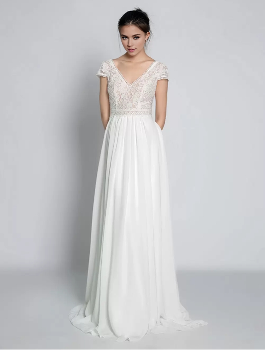 Boho Wedding Dress Chiffon Lace A-Line With Train Natural Waist Backless Short Sleeves V-Neck Ivory Bride Gown