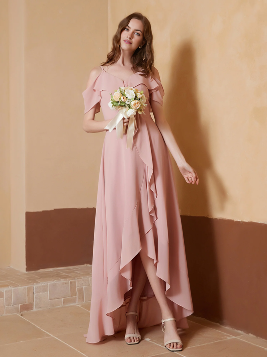 V-neck Off Shoulder Ruffles Asymmetrical Bridesmaid Dress