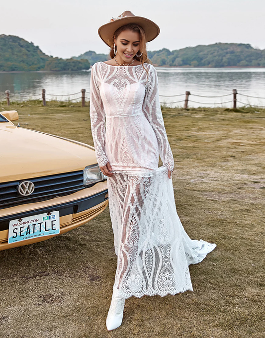 Mermaid Long Sleeves Lace Boho Wedding Dress