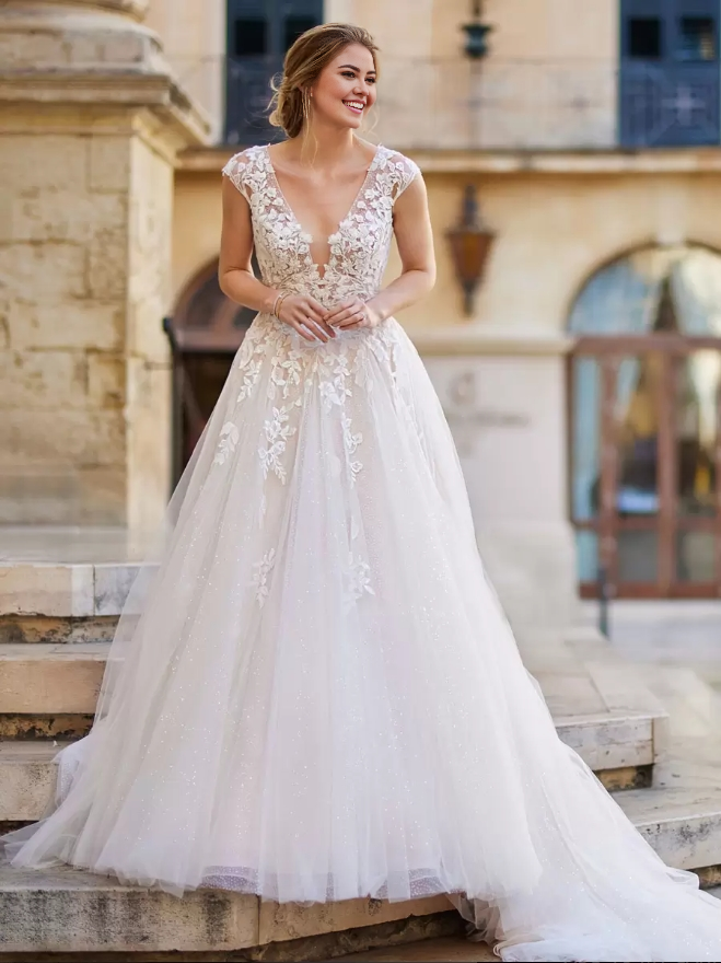 Wedding Dress A-Line With Train V-Neck Short Sleeves Natural Waist Lace Bridal Gowns