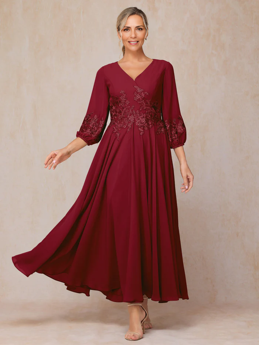 Long Sleeves Appliques Ankle Length Mother of the Bride Dresse Chiffon Wedding Guest Dresses