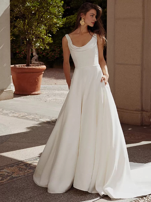 Simple Wedding Dress Satin Jewel Neck Sleeveless Pleated A-Line Bridal Dresses