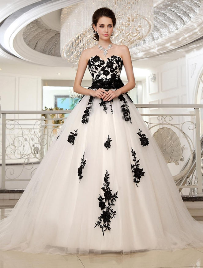 Black And White Wedding Dresses Strapless Lace Sash Beaded Ball Gown Bridal Dress