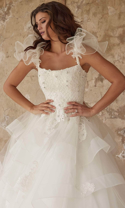 A-Line Princess Wedding Dress With Pearl Appliques Square Ruffled Bridal Ballgown