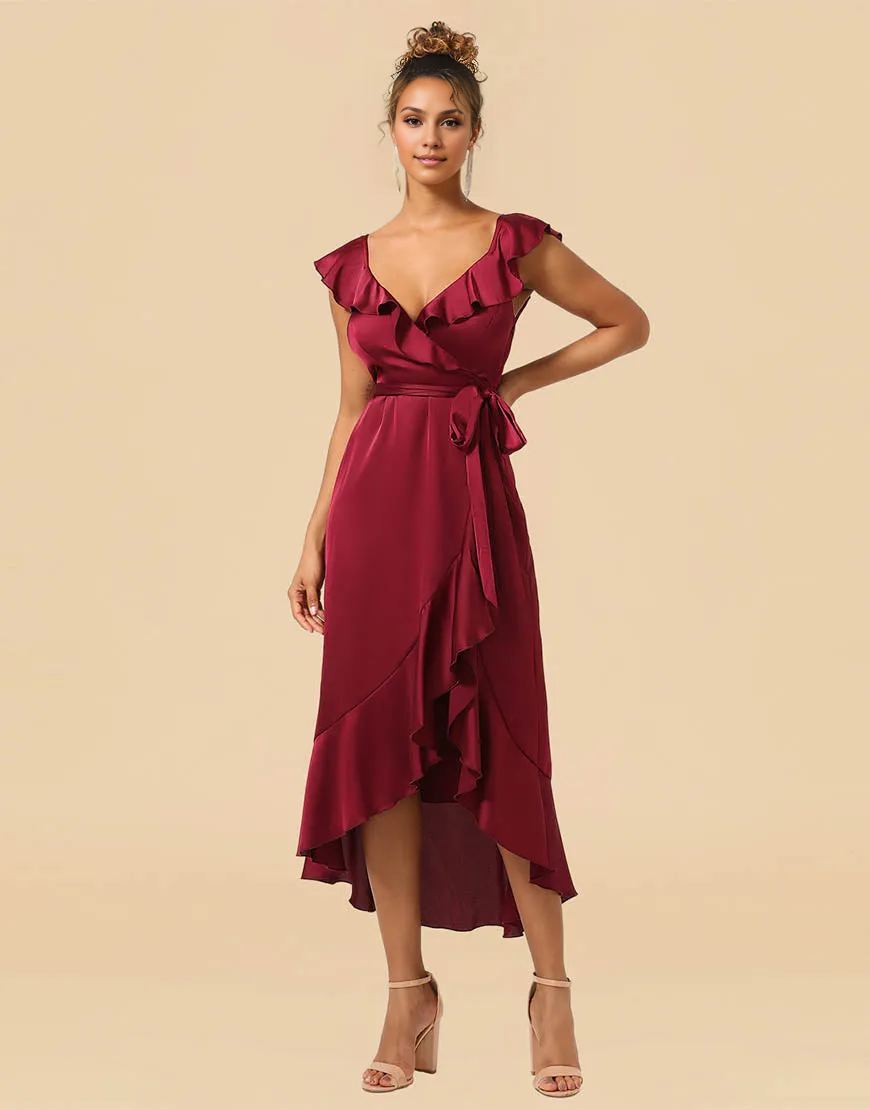 A-Line Party Dresses Asymmetrical Burgundy V-Neck Satin Bridesmaid Dress With Ruffle