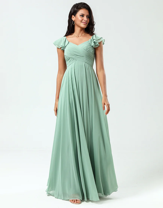 Simple Lace-Up Back A Line Chiffon Green Bridesmaid Dress with Ruffles