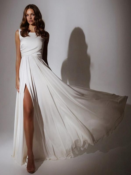 Simple Wedding Dress A-Line Jewel Neck Sleeveless Split Front Bridal Dresses