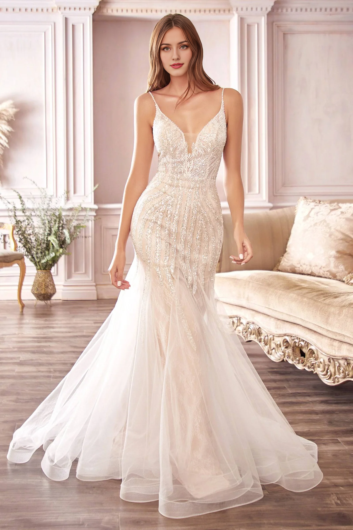 Stunning Beaded Mermaid Gown V-Neck Tulle Sparkling Wedding Dress