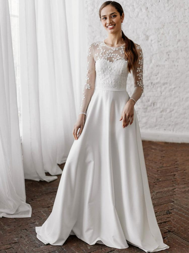 White Simple Causal Wedding Dress A-Line Illusion Neckline Long Sleeves Pearls Train Satin Fabric Lace Bridal Gowns