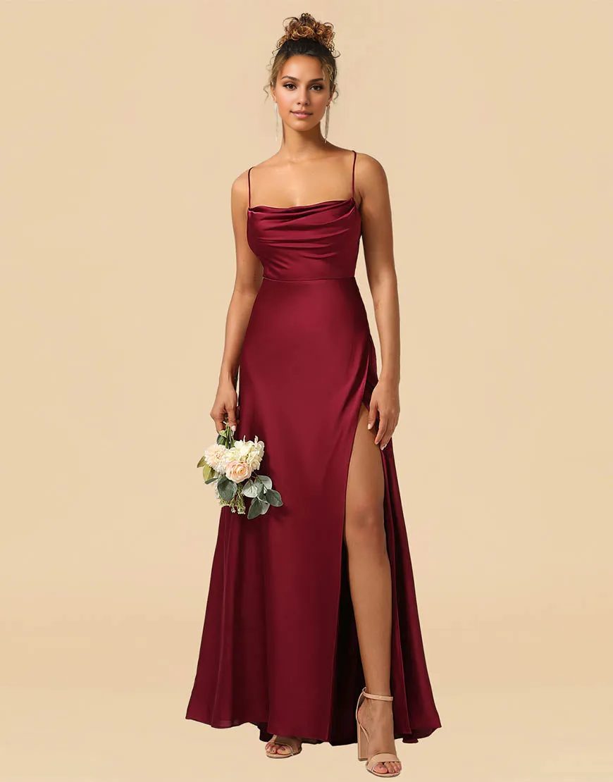 Burgundy Satin Spaghetti Straps Lace Up Sheath Bridesmaid Dresses With Slit