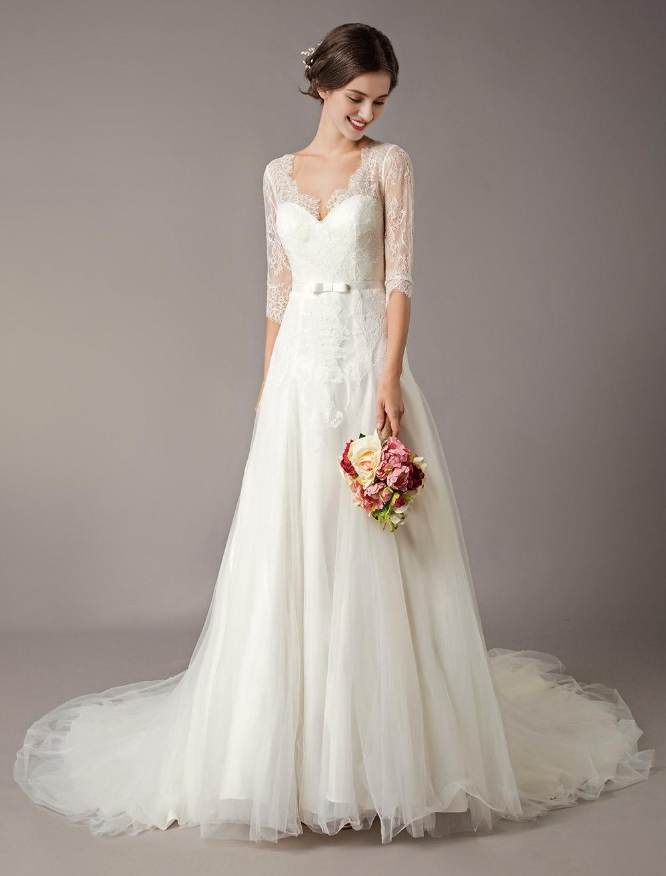 Wedding Dresses A-Line Ivory Illusion Neckline Lace Tulle Half Sleeve Bridal Dress With Train