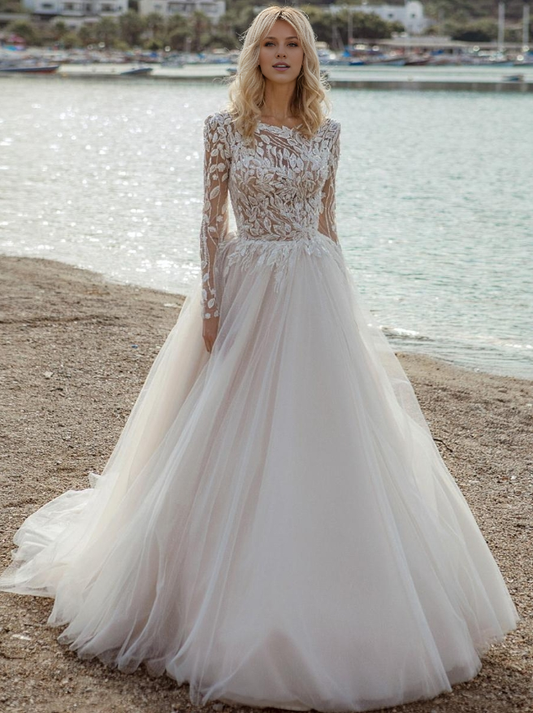 Lace Wedding Dress Court Train A-Line Long Sleeves Tulle Jewel Neck Bridal Gowns